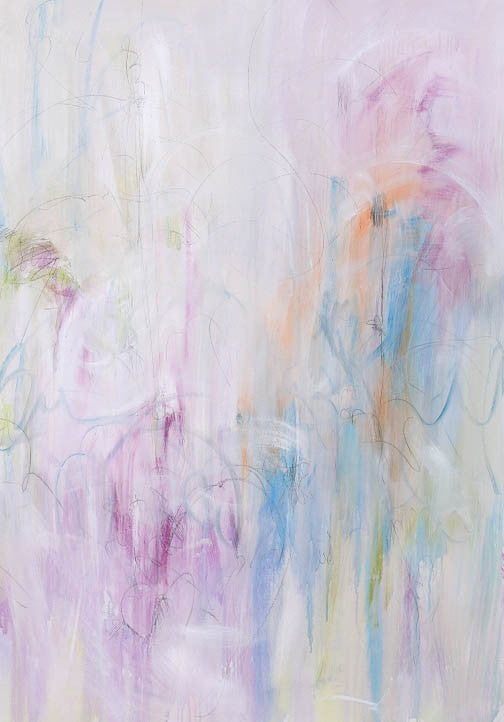 Airy pastel abstract painting with soft lavender, blush, and sky blue strokes melting together in a dreamy, light-filled composition