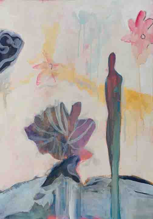 Conservatory Vigils I abstract figurative floral painting with a lone figure in contemplation among hazy pastels and abstract blooms.