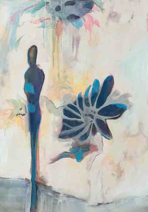 Conservatory Vigils II abstract figurative floral artwork with a shadowy figure in dusky blues and soft washes, evoking quiet introspection.