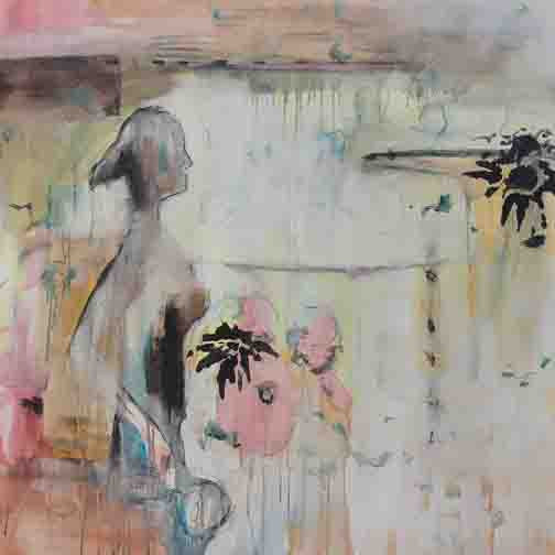 Conservatory Vigils III abstract figurative art with a ghostly figure surrounded by fading petals and dripping pastels, evoking memory and fragility.