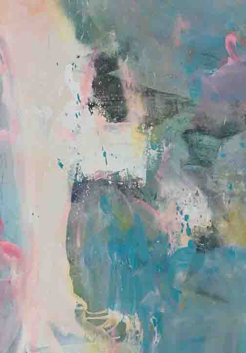 Cosmic Zephyr I abstract painting with soft blues, chalky whites, and pinks drifting like galactic dust in layered texture and motion.