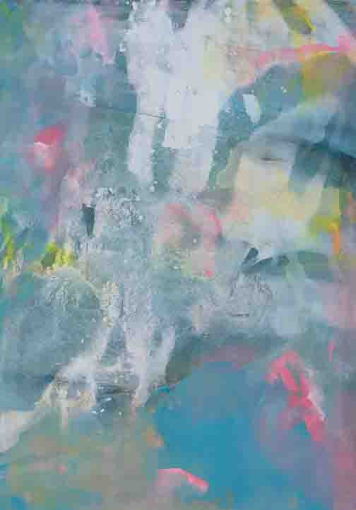 Cosmic Zephyr II celestial abstract painting with misty blues, soft neons, and stardust textures swirling in dreamlike light and color.