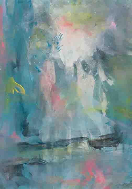 Cosmic Zephyr III abstract celestial painting with teal, smoke, citron, blush, and white, evoking a shimmering portal between worlds.