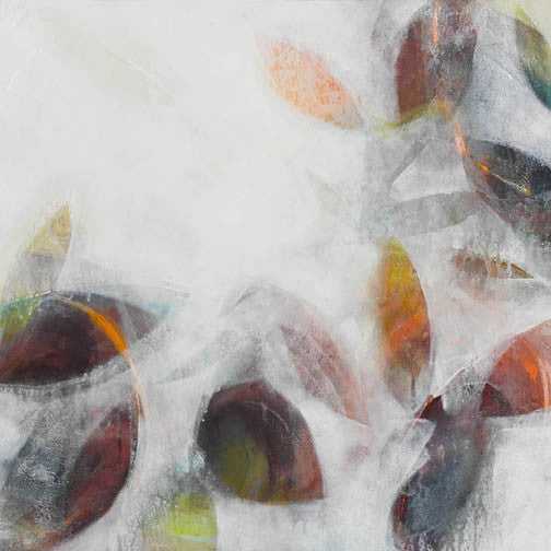 abstract with teal, ochre, and charcoal ovals floating in a misty white field, evoking cellular structure and soft topography.