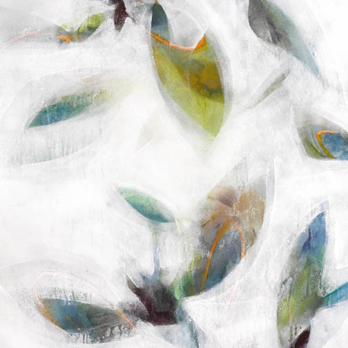 Teal and ochre organic abstract with layered oval shapes and soft glowing edges floating in a misty field.