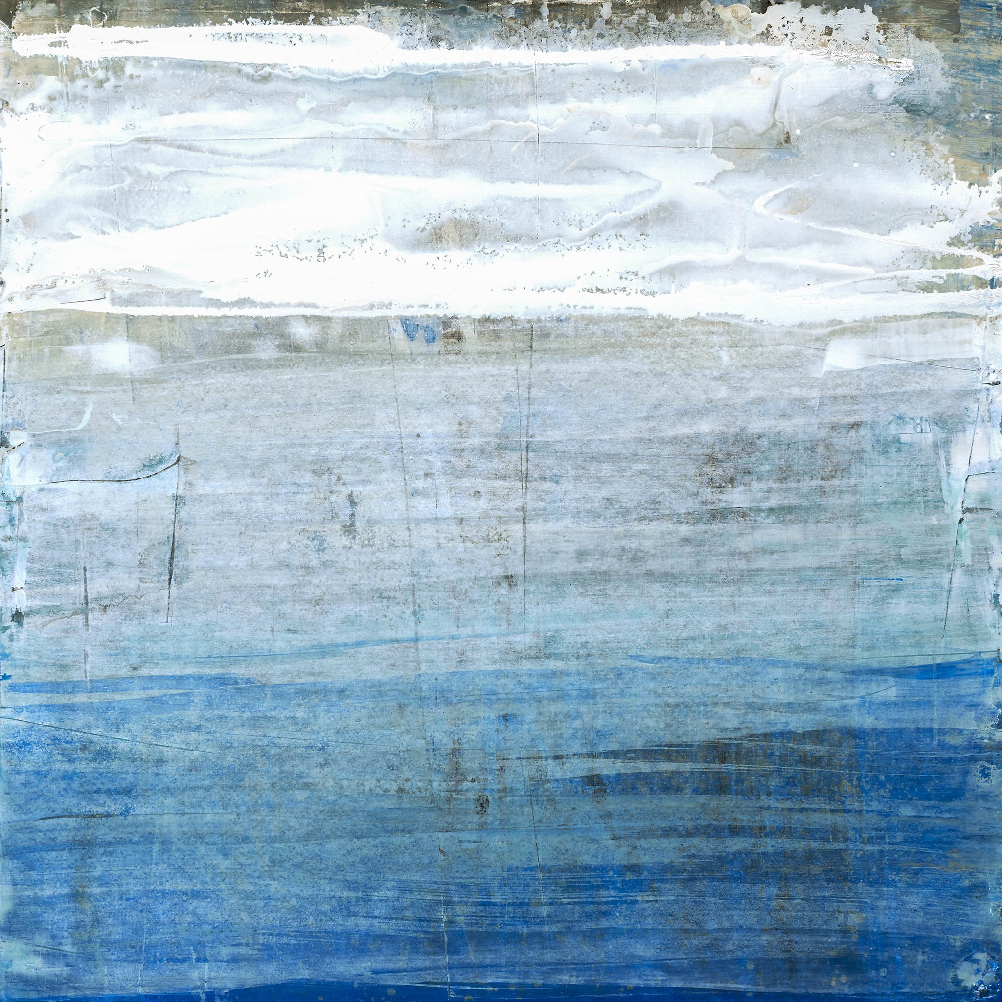 Cerulean Dreams IV abstract seascape with layered bands of oceanic blue and misty white, evoking tide, sky, and infinite calm.