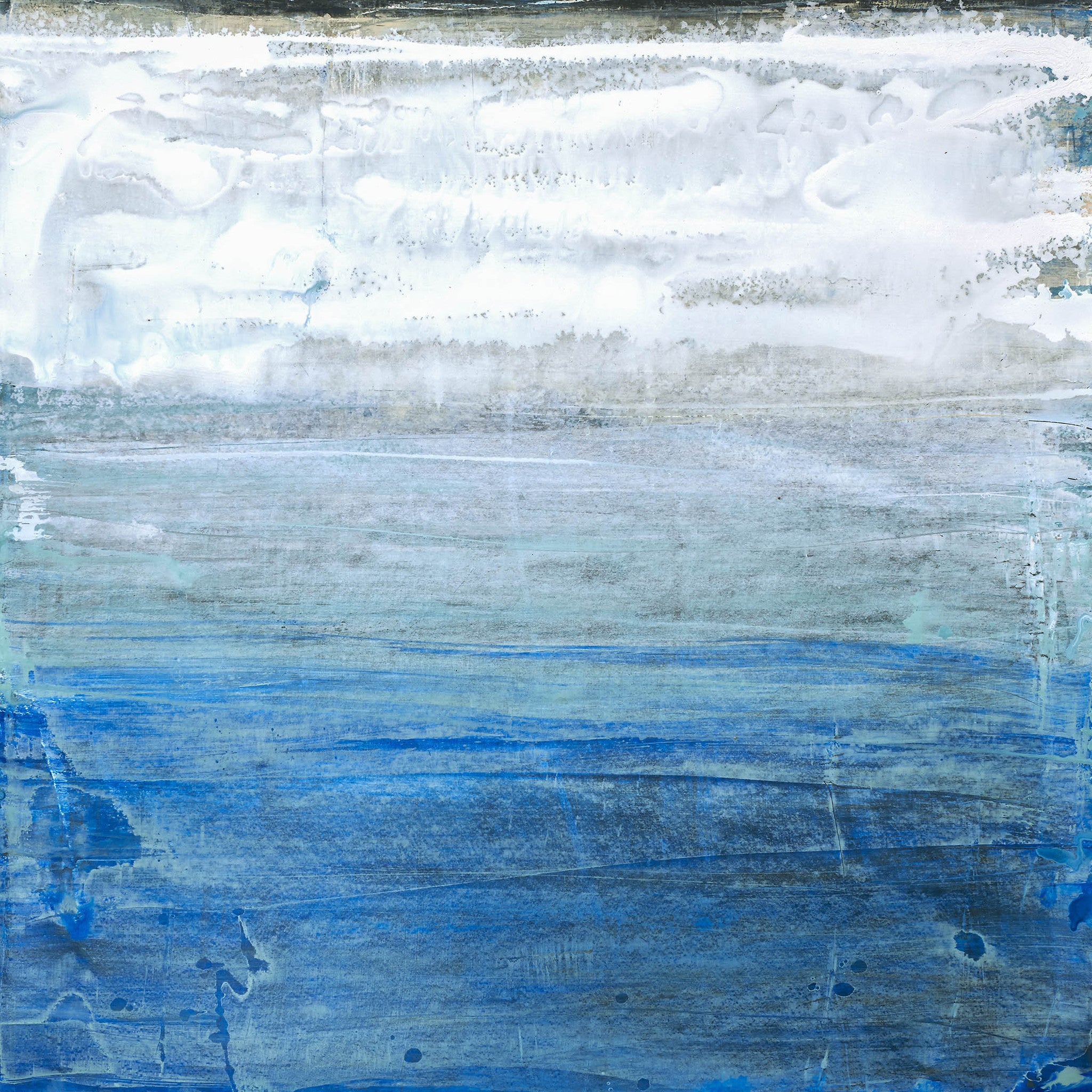 Cerulean Dreams V abstract painting with deep sapphire tones fading into misty whites, evoking sea, sky, and memory in meditative flow.