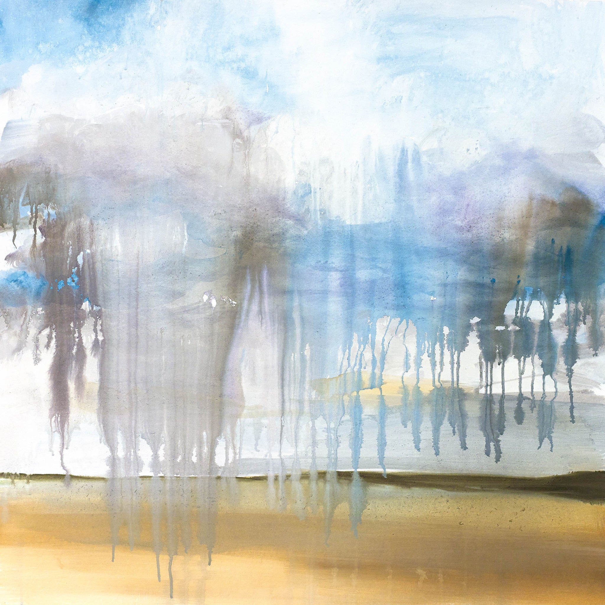 Dreamlike abstract painting with soft washes of peach, rose, and ash drifting downward, evoking a sense of fluidity and gentle calm.