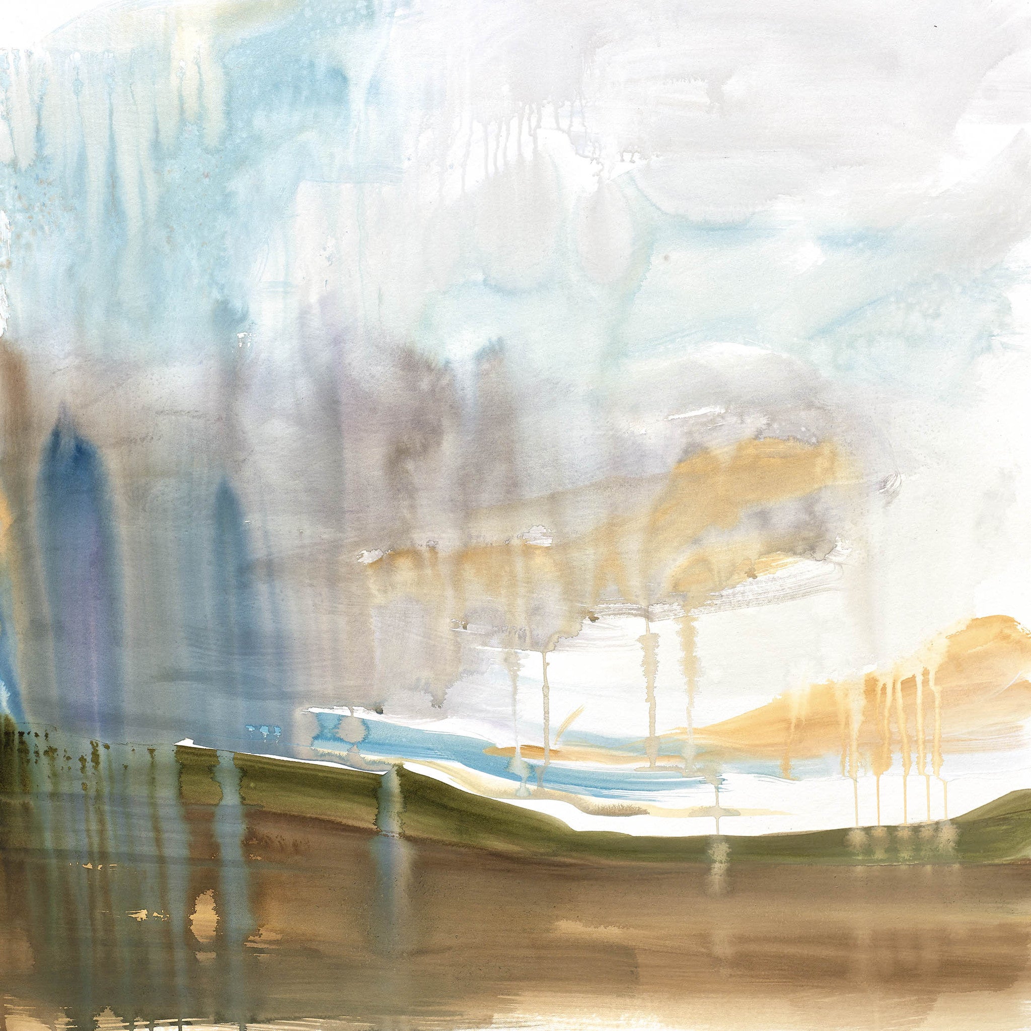 Evanescence II watercolor abstract landscape with soft gradients of sand, sky, and shadow blending into a calm atmospheric composition.