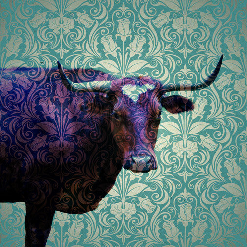 Surreal bull artwork emerging from baroque floral wallpaper, bold and shadowed, blending raw power with ornate elegance in a striking composition