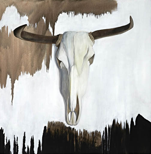 Cow skull abstract painting with a pale structure floating against melting earth tones, evoking raw Western elegance and ritual.