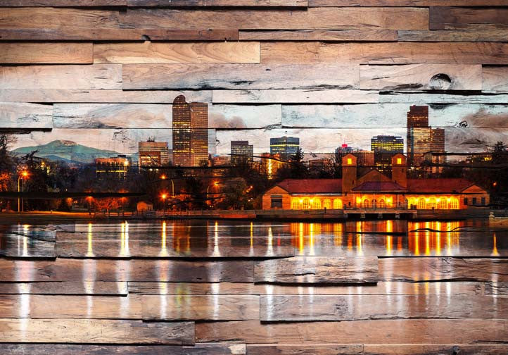 Denver skyline art on a wood panel background, combining urban architecture with warm, modern texture.