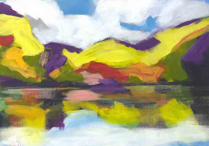 Bold autumn abstract reflection with strokes of yellow, red, and violet melting into a mirrored lake, creating a dreamy, memory-like landscape.