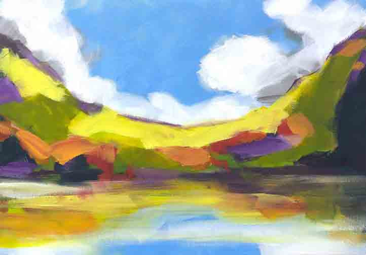 Golden autumn abstract reflection with bold hills and a cobalt sky rippling across a mirrored surface, creating a dreamy, simplified landscape.