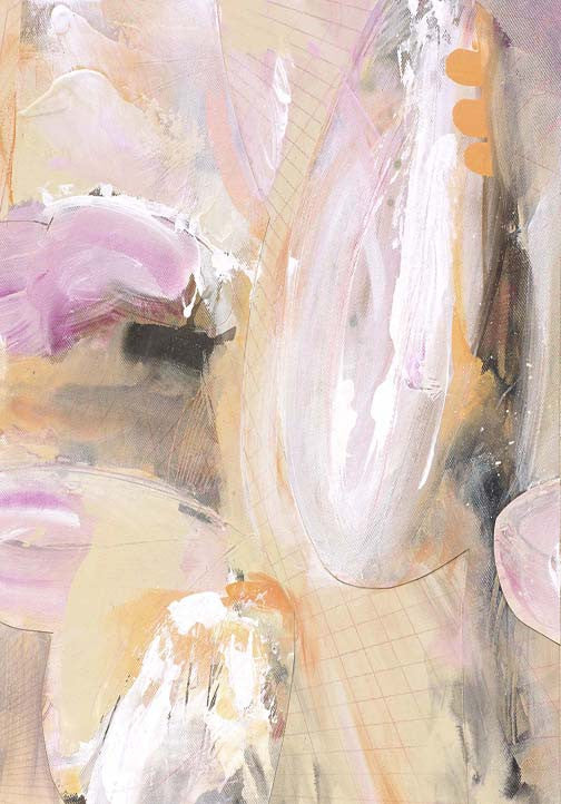 Dreamlike abstract painting in pastel cream, lavender, and peach with expressive textures and faint geometric lines creating emotional depth.