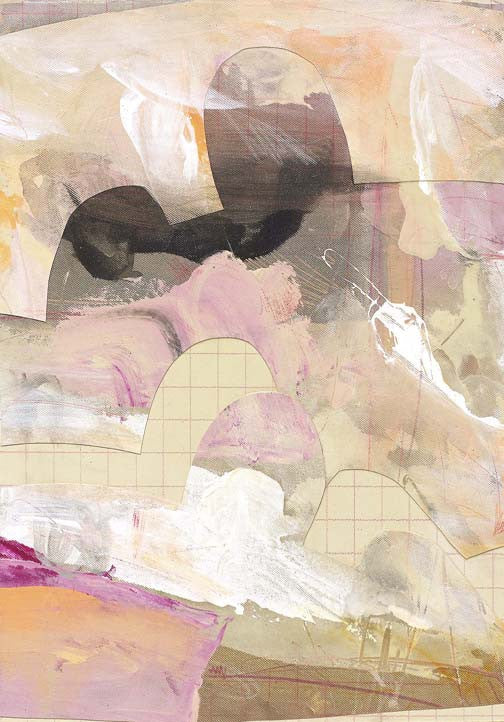 Pastel abstract painting in lavender, peach, and muted gray with soft arcs, layered textures, and faint geometric grids creating subtle emotional depth.