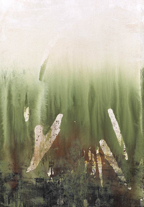 Earthy abstract painting with green, cream, and mist tones, featuring natural patina and serene organic texture.