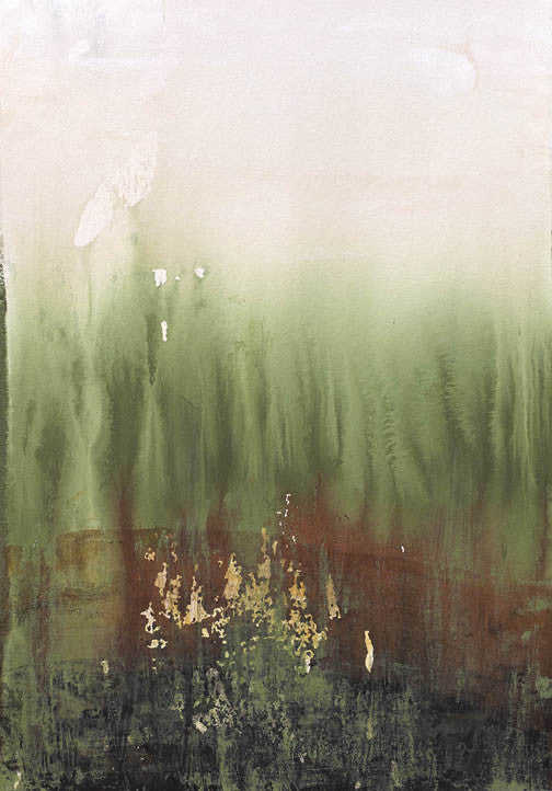 Serene modern abstraction with green, cream, and mist tones, featuring organic texture and soft atmospheric depth.