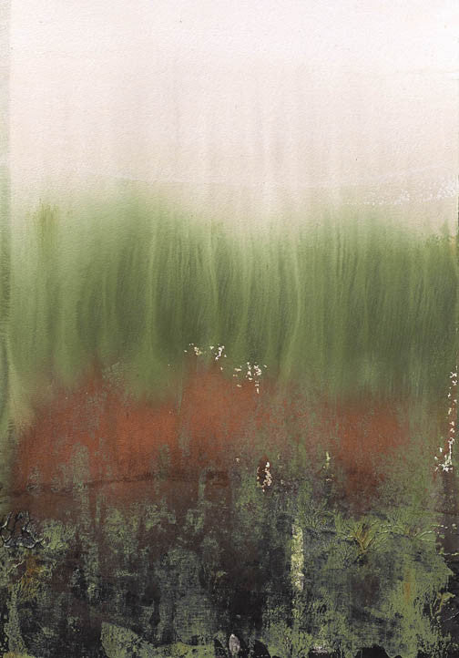 Earth-toned abstract art with deep green and cream hues, featuring organic texture and serene modern balance.