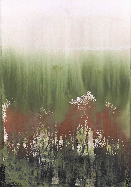 Organic modern artwork with deep green and cream tones, featuring natural patina and serene layered texture.