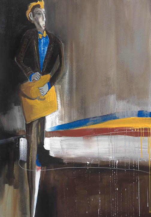 Modern figurative painting featuring a confident figure in blue and yellow tones with expressive brushwork.