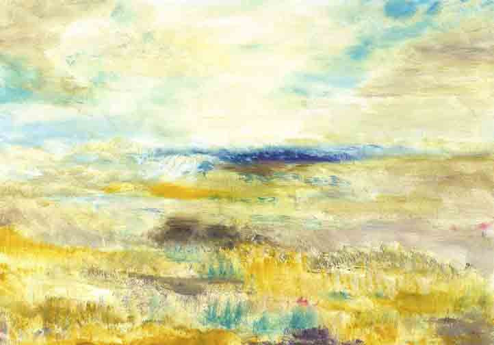 Dreamy abstract landscape with golden fields, radiant sky, and soft hues of turquoise, ochre, and lavender