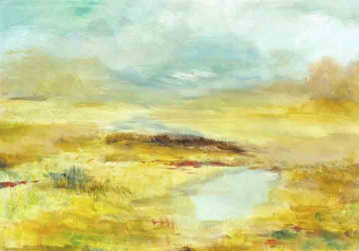 Abstract landscape painting with golden fields, radiant sky, and soft hues of turquoise, ochre, and lavender