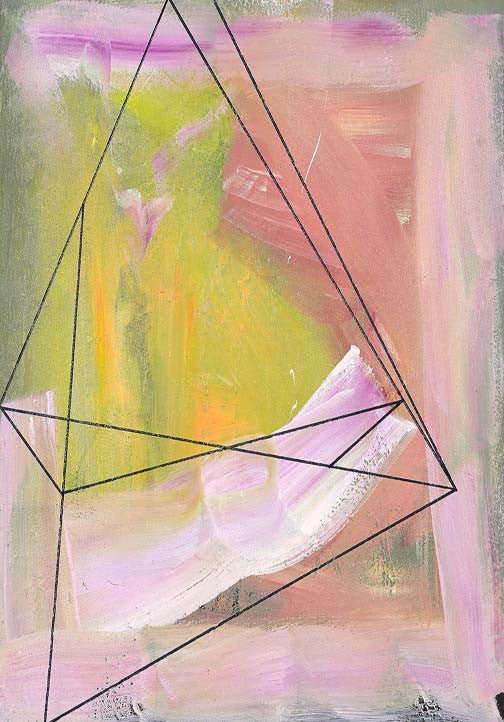 Playful abstract painting with lime, blush, and lavender swirls under bold black geometric lines