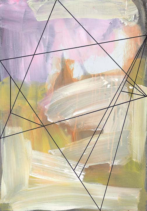 Emotive abstract painting with soft streaks of ivory, mauve, and amber under sharp black geometric lines