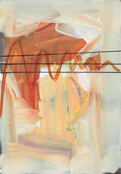 Minimalist abstract soundwave art with sienna waves and creamy brushwork across a pale field