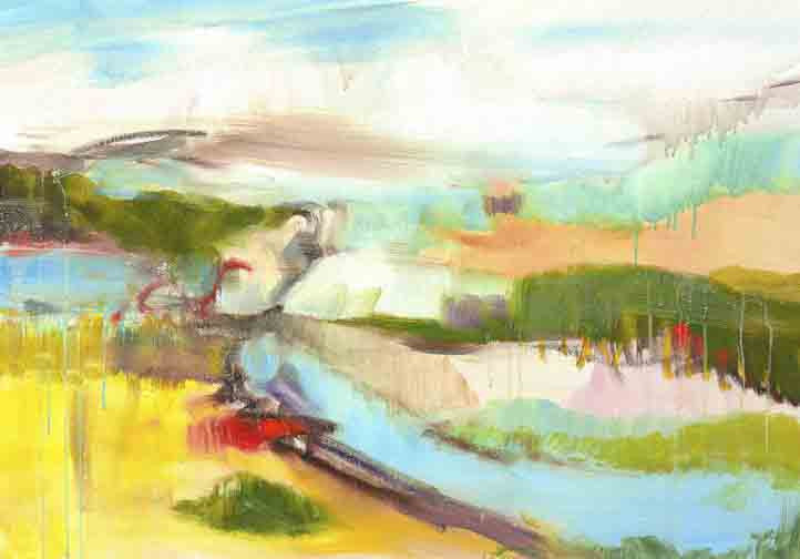 Lyrical abstract landscape with flowing blues, yellows, and greens capturing light and movement