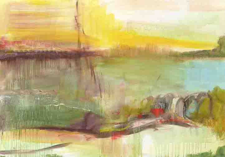 Dreamlike abstract landscape with golden light, emerald greens, and soft blues in fluid gestures and drips