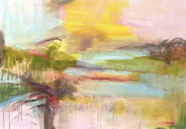 Radiant abstract landscape with golden light, pastel haze, bold drips, and sunlit brushstrokes