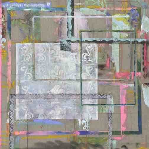Architectural abstract mixed-media art with transparent pastel grids, baroque motifs, and faded textures layered over raw linen