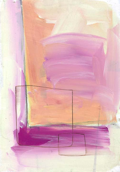 Soft geometric abstract art with radiant blush, apricot, and violet tones grounded by thin linear elements