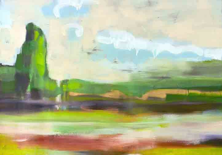 Luminous landscape painting with emerald greens, soft blues, and drifting white clouds