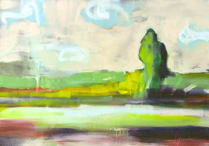 Abstract landscape painting with green fields, bold treeform, and swirling blue-white clouds