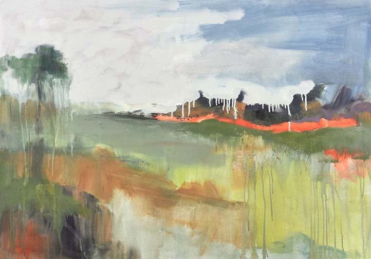 Abstract landscape painting with orange horizon, olive fields, and stormy skies
