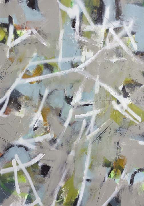 Abstract artwork with olive, slate, and neon tones, slashed by angular white streaks for a bold, stylish, urban jungle effect