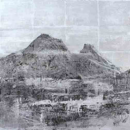 Subdued grayscale mountain landscape with weathered textures and faded tones, blending photography and abstraction into a haunting, archival image.