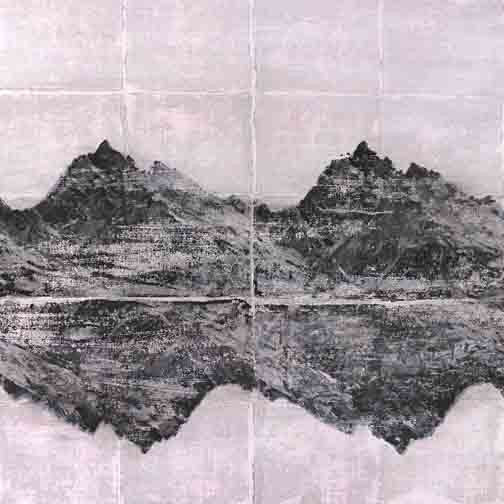 Mirrored mountain range landscape in muted black and ash, resembling an aged paper print, stark yet poetic, evoking memory and reflection.
