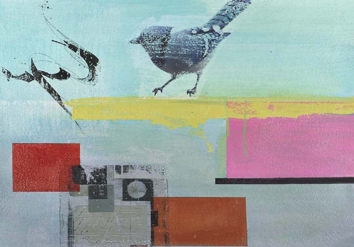 Abstract bird stepping across a pastel dreamscape with yellow, pink, and teal tones, bold geometric blocks, and black gestural marks.