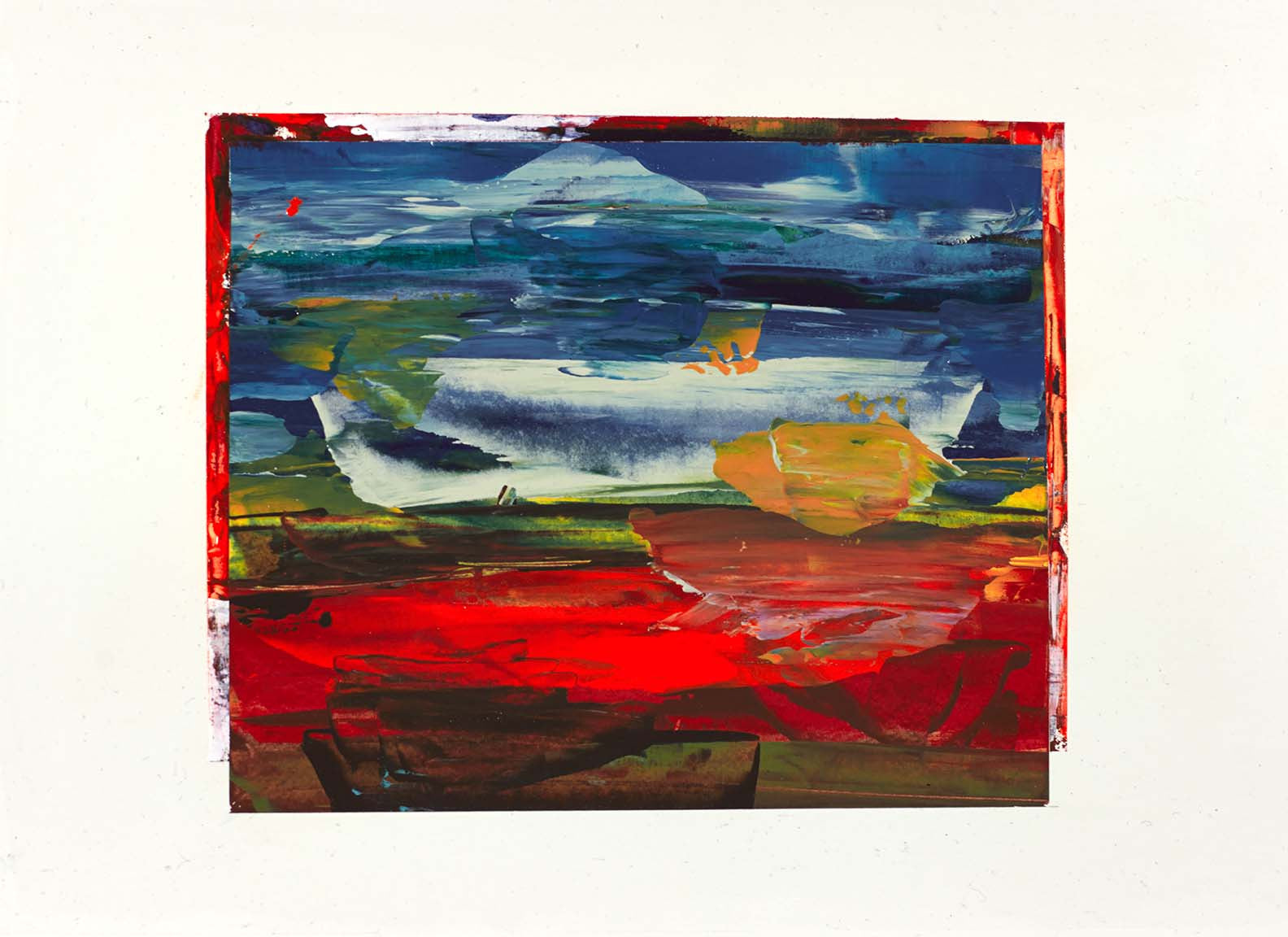 Bold abstract square painting with vivid blue, red, green, and yellow layers in a textured composition