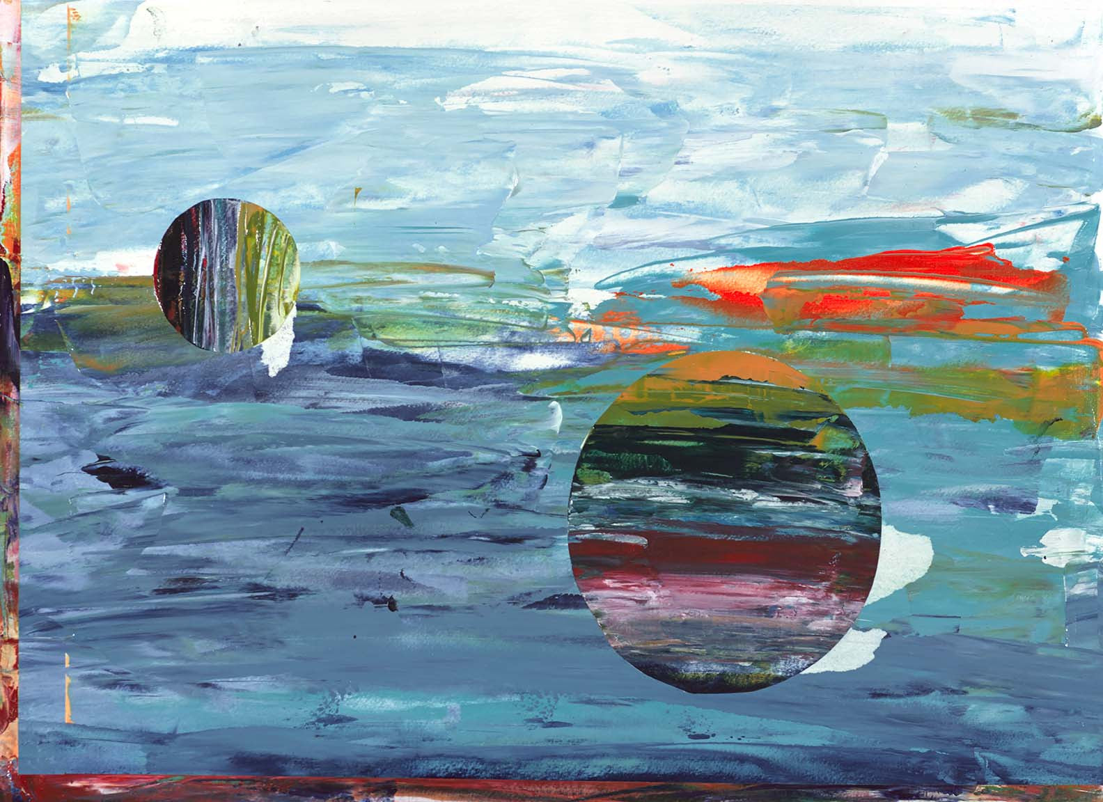 Coastal abstract painting with textured blue and green layers, vivid orange accents, and circular forms suggesting movement and depth