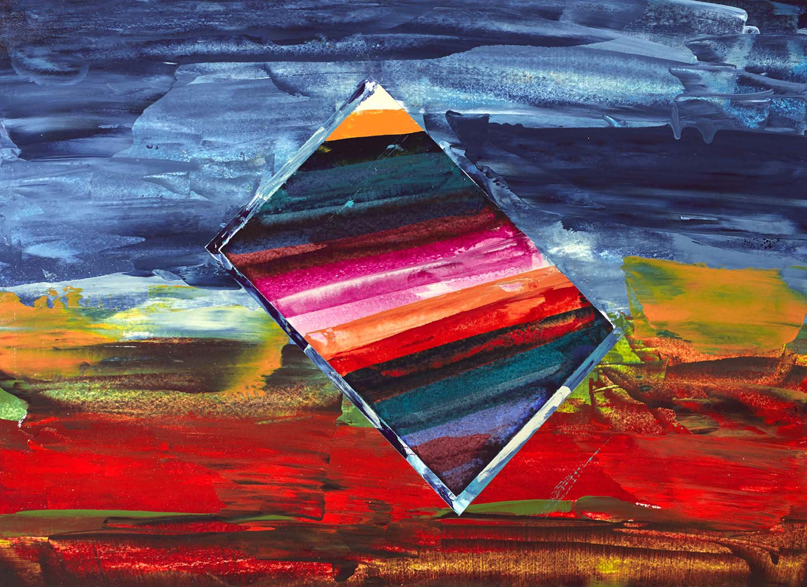 Vibrant geometric abstract art featuring bold color bands in a diamond shape over deep blue and red layered background