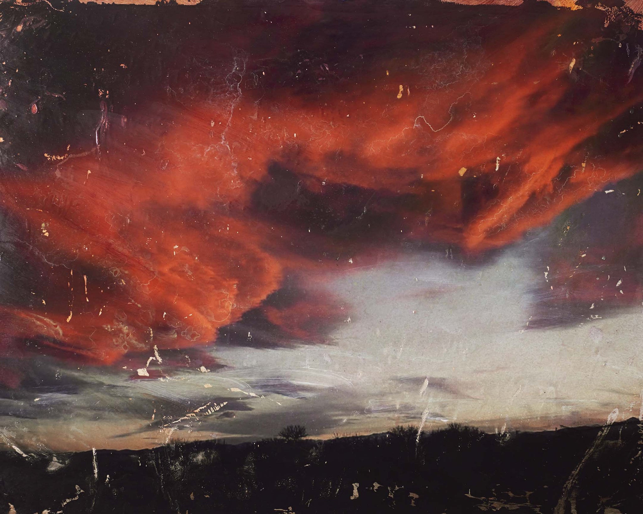 Dramatic abstract landscape painting with fiery red and orange clouds contrasted against a muted, stormy sky