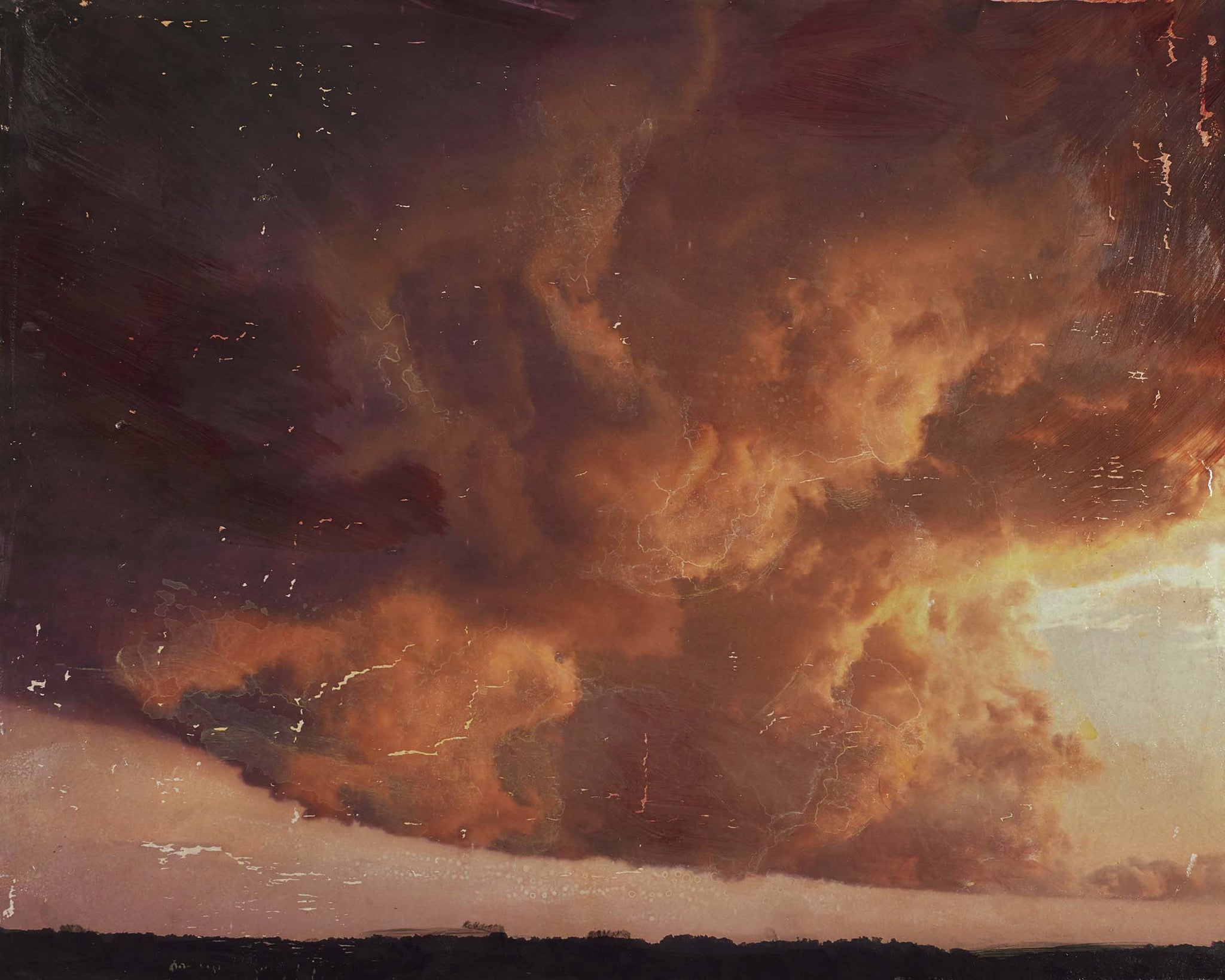 Intense abstract landscape painting with massive golden-orange storm clouds and dramatic lighting