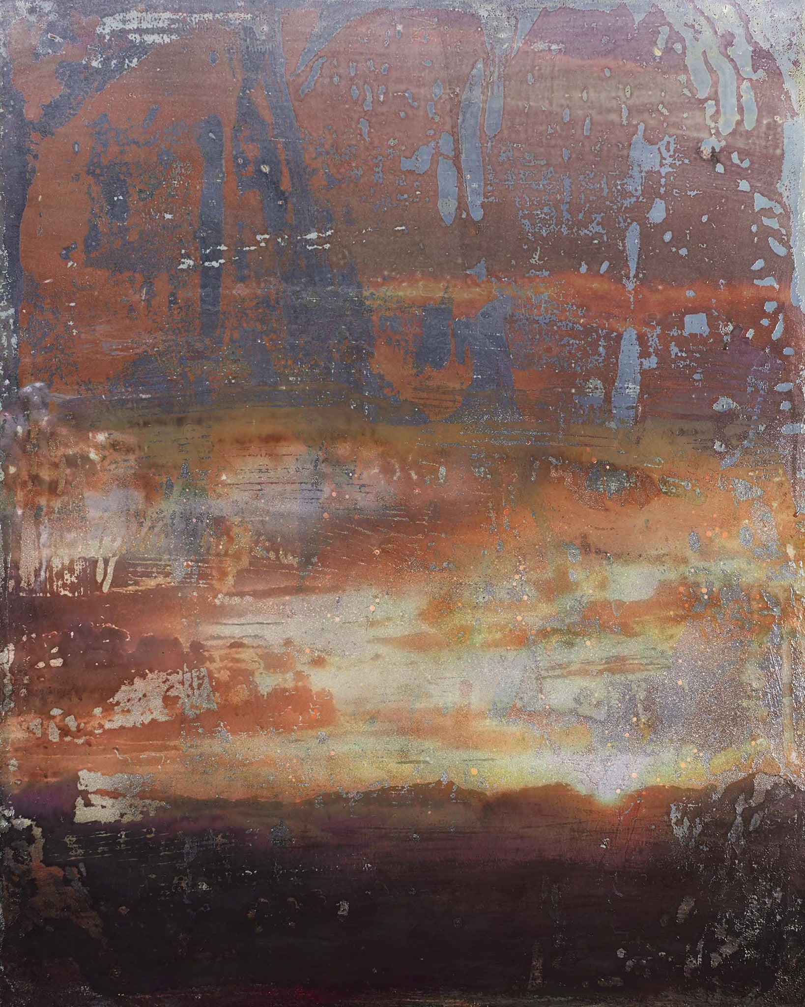 Rust-toned abstract landscape art with blue-grey accents and a weathered texture evoking aged metal and dusk light