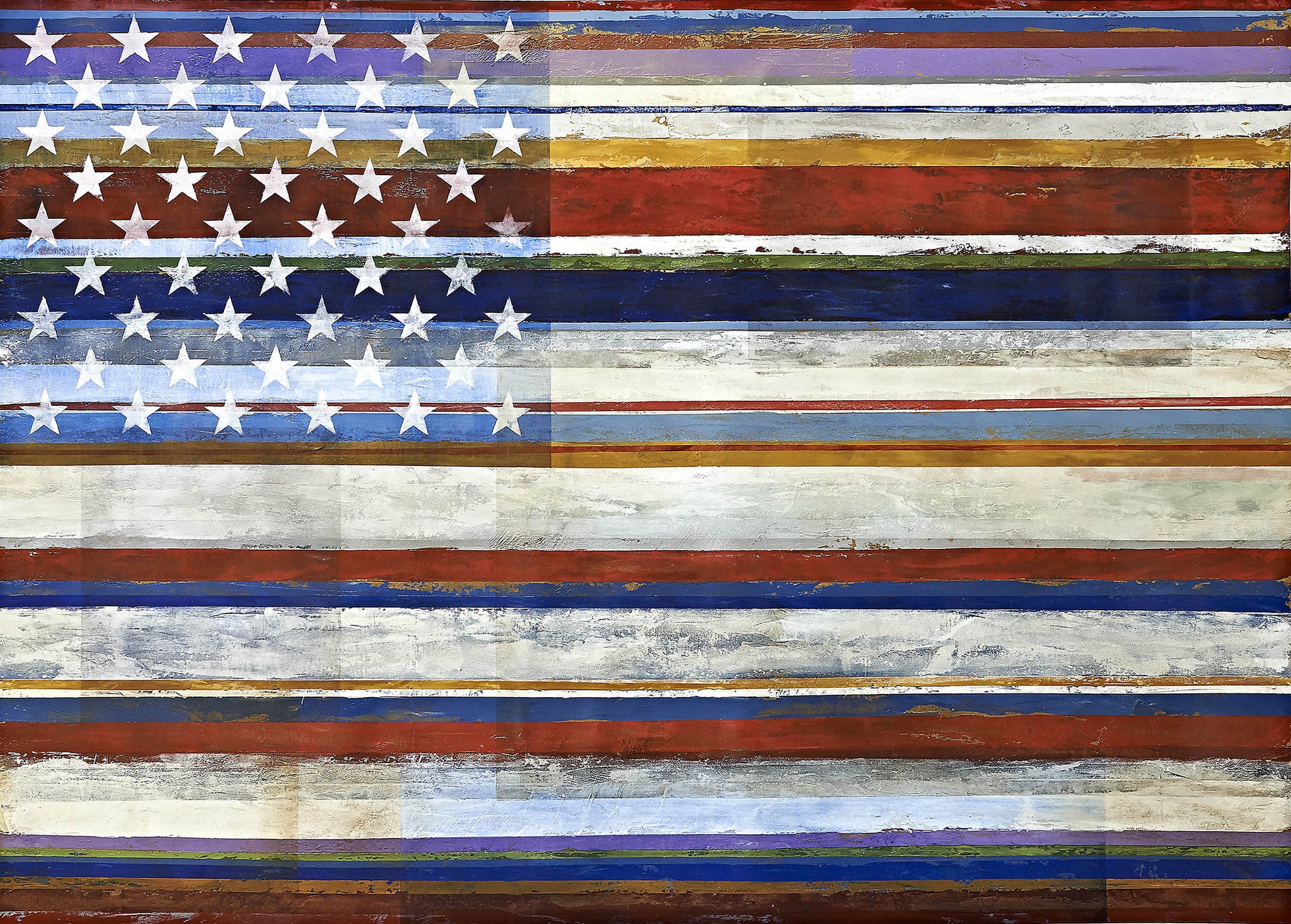 abstract American flag artwork with horizontal textured stripes and layered colors