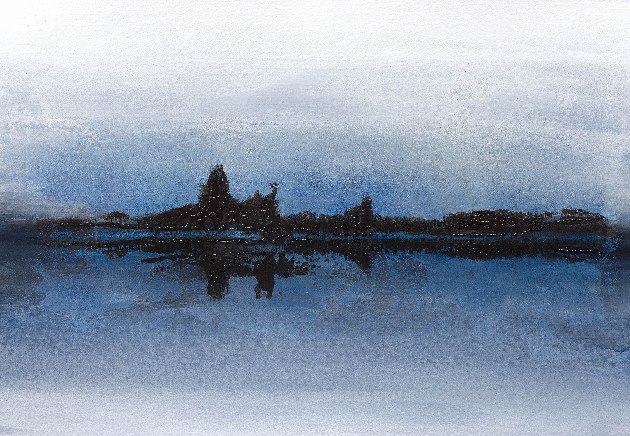 Minimalist abstract landscape painting in moody blues and blacks with a serene horizon and subtle reflections